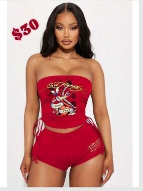 Red Graphic Strapless Tube Top & Shorts Set